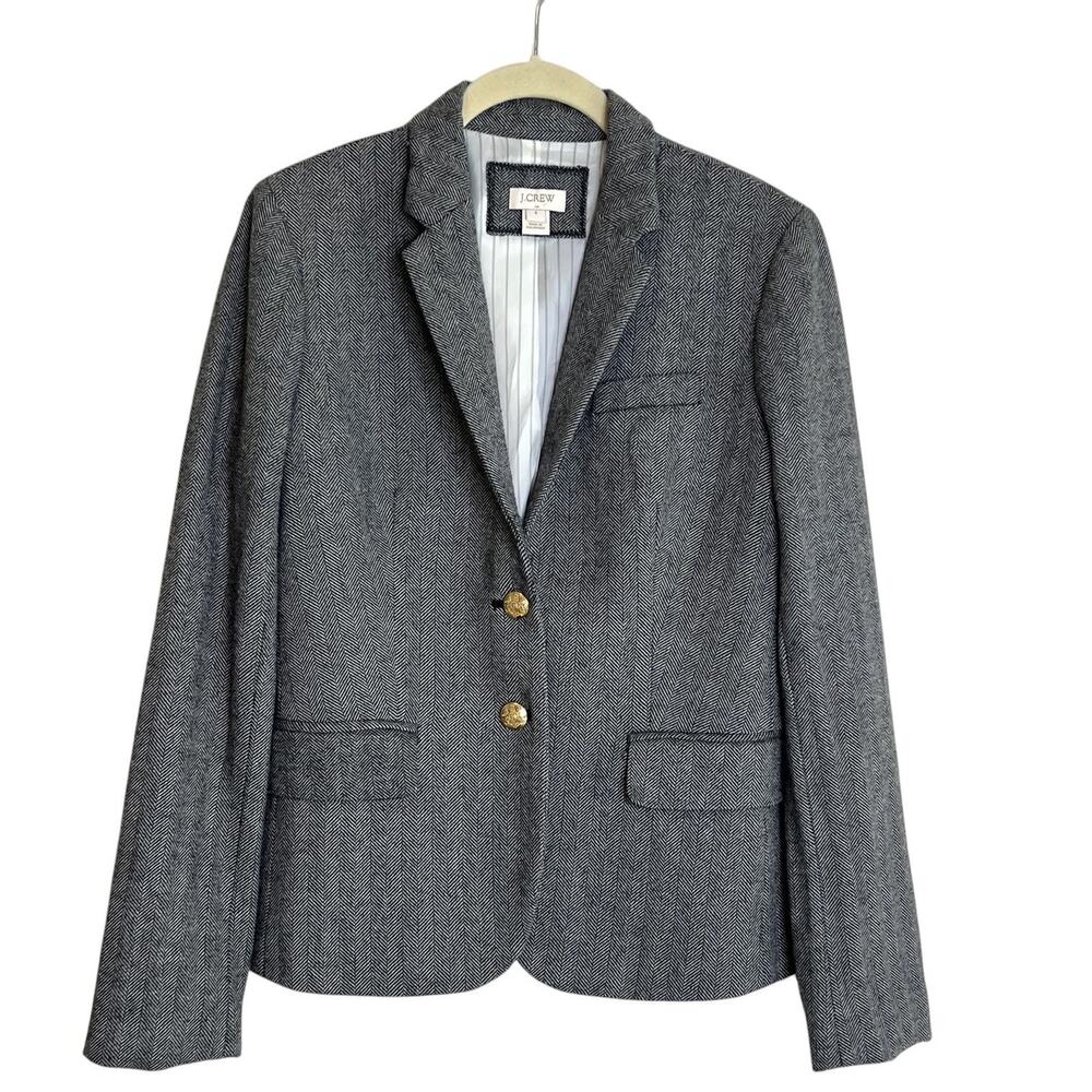 J.Crew Factory Gray Herringbone Blazer Gold Button Size 4 Wool Blend